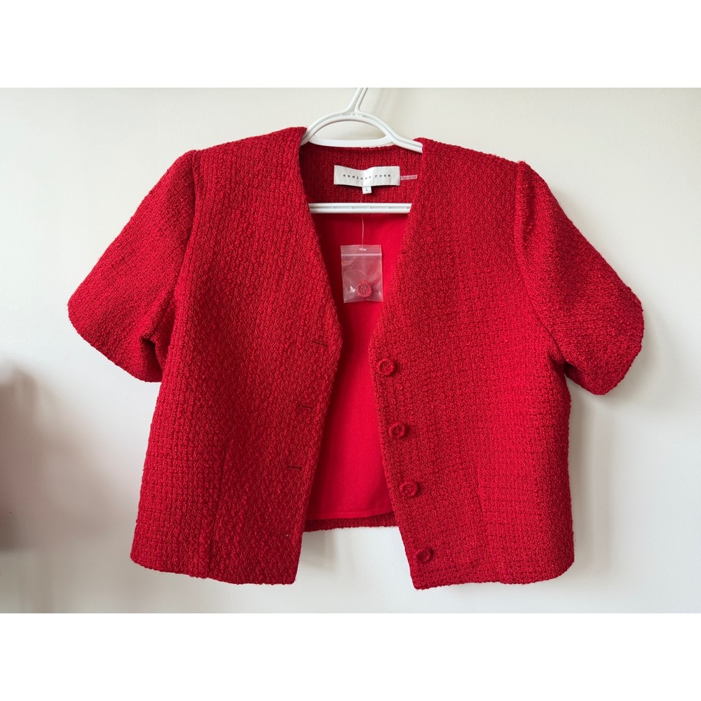 Endless Rose Red Tweed Short Sleeve Cropped Jacket Blazer Size L